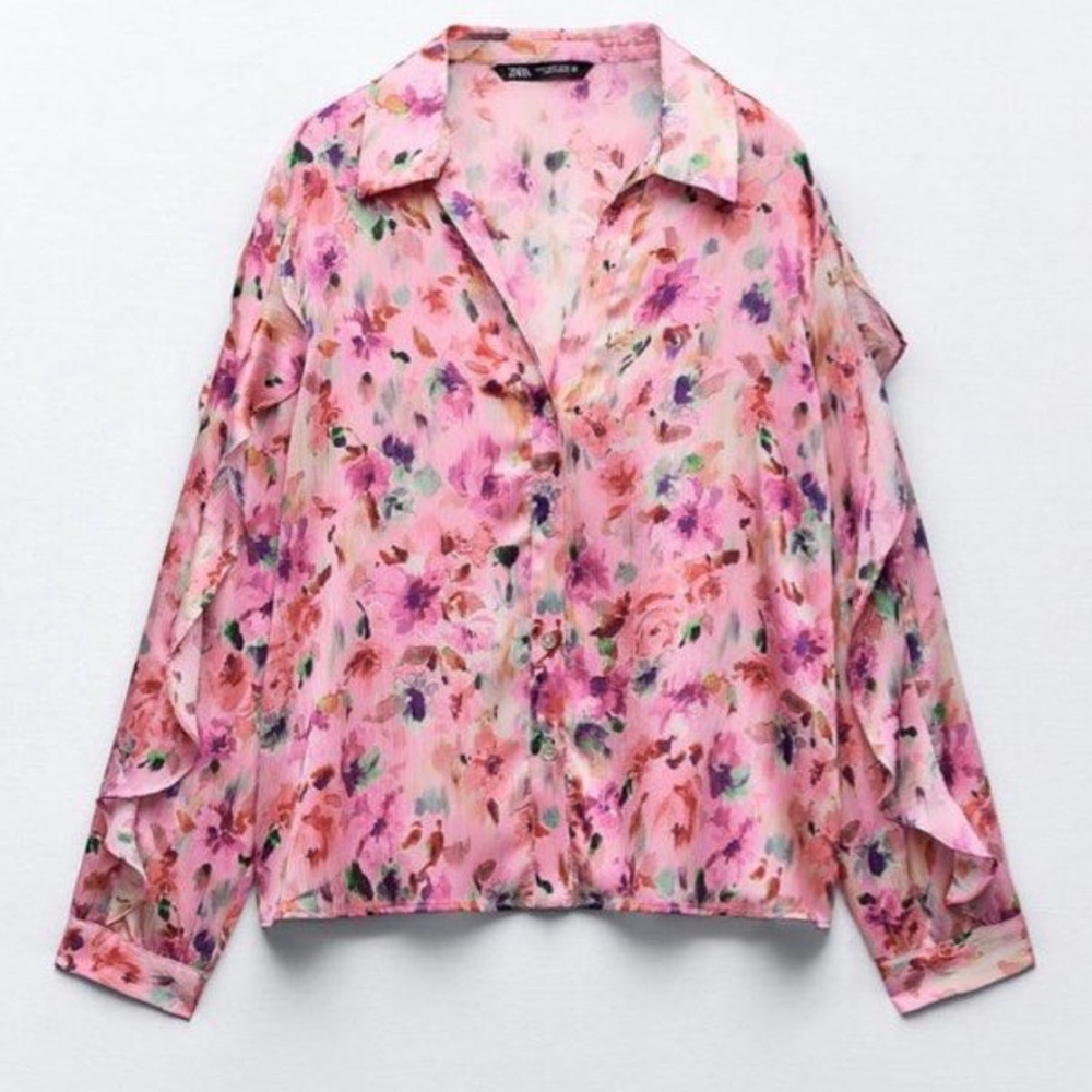 ZARA pink floral ruffled sleeve blouse size extra small